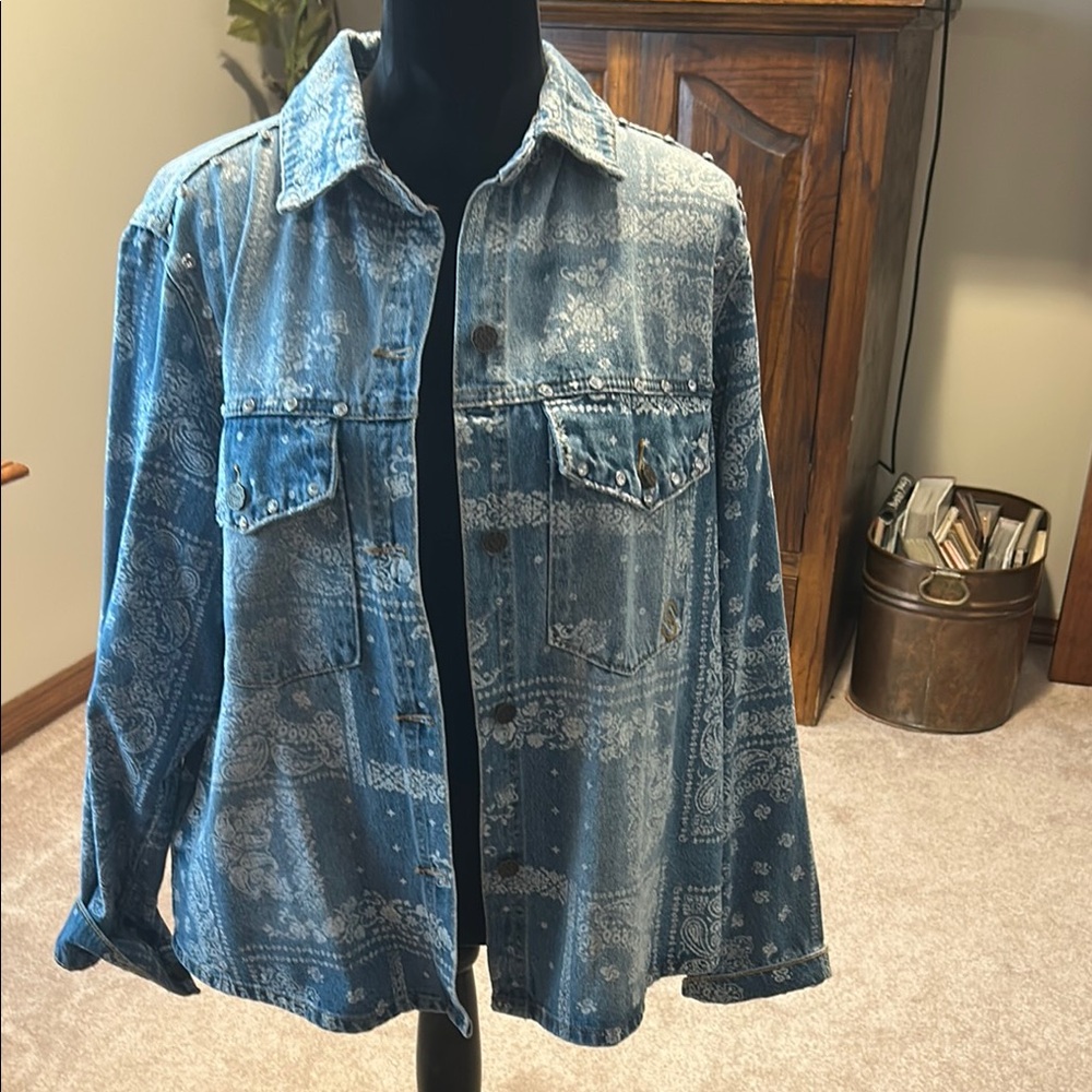 Blue Denim Jacket with Paisley Print